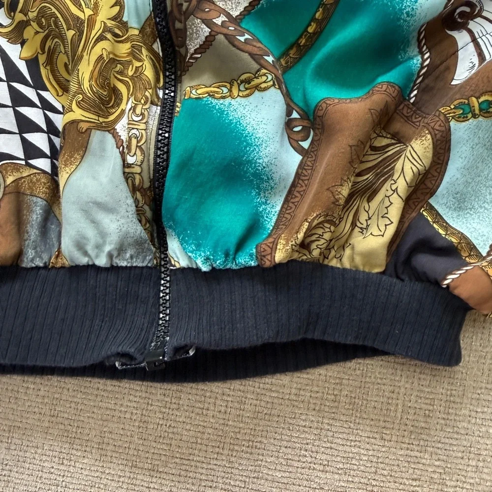 Vintage Clio Womens 90s Baroque Chain Print Bomber Jacket Size S/M Retro‎